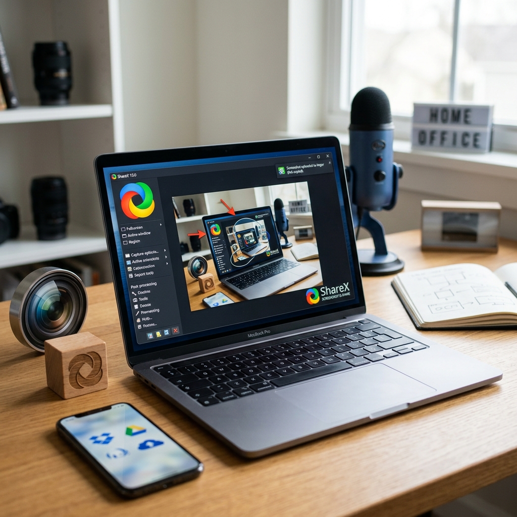 Ein MacBook Pro auf einem Tisch mit Kameraobjektiven und Zubehör.