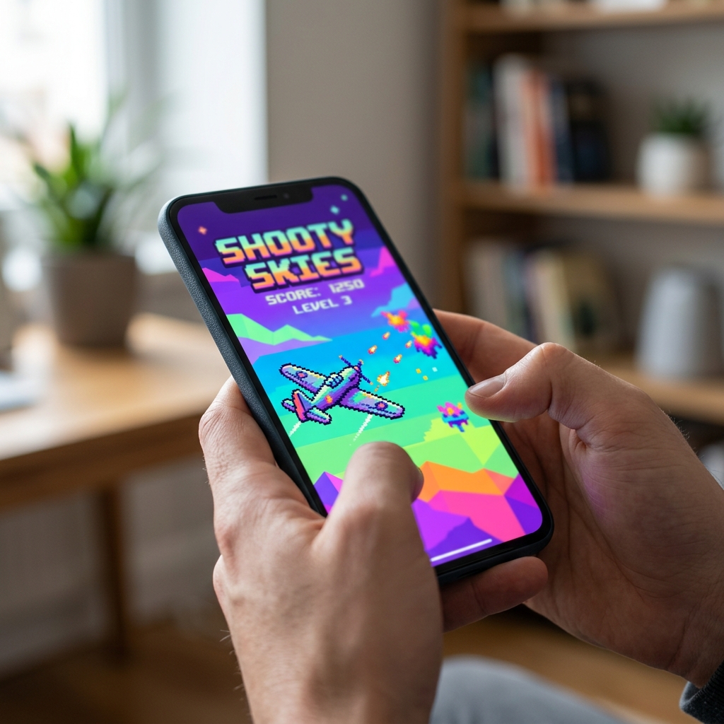 Ein Smartphone zeigt das Spiel Shooty Skies mit einem score und Level.