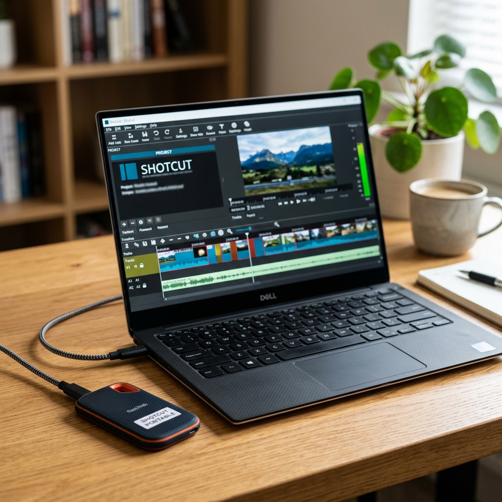 Laptop mit Shotcut, externem Speicher und Tasse Kaffee auf Tisch.