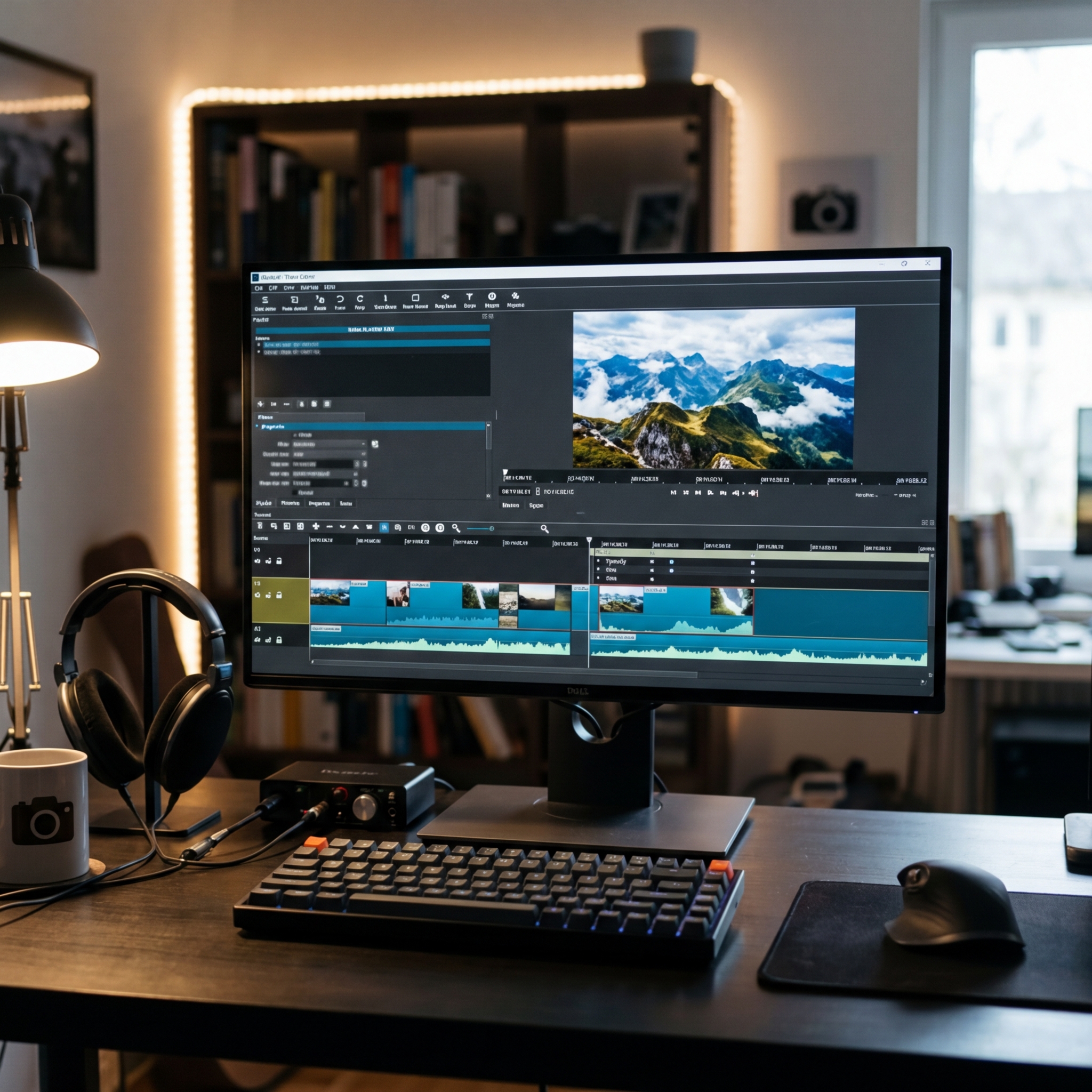 Computerarbeitsplatz mit Monitor, Tastatur, Kopfhörern und Monitor mit Videoschnittsoftware