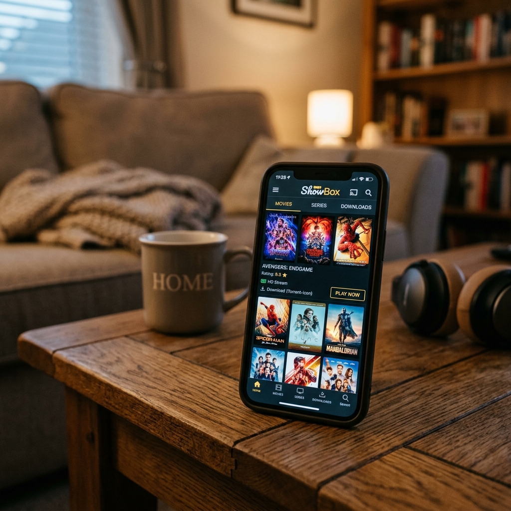Smartphone zeigt Filmstreaming-App auf einem Holztisch neben einer Kaffeetasse.