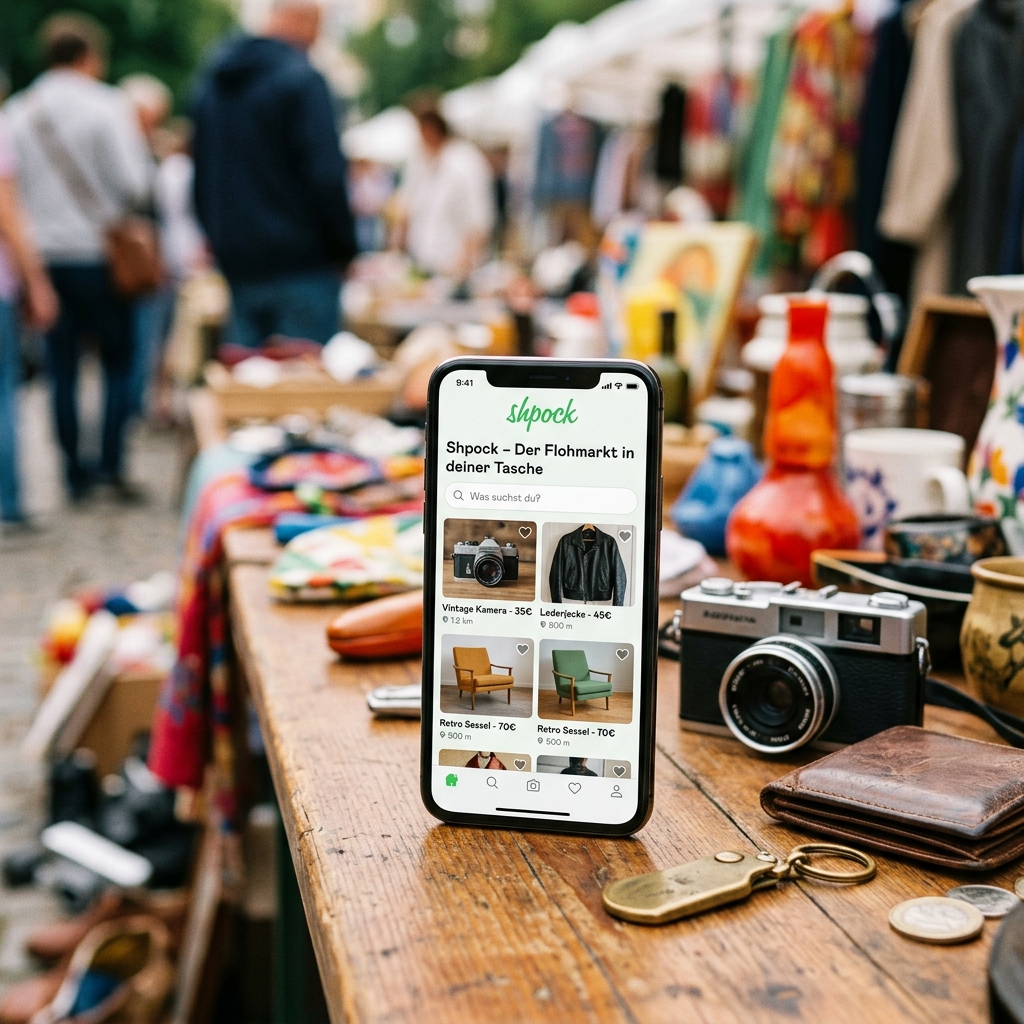 Smartphone zeigt Flohmarkt-Angebote auf einem Tisch mit Hintergrund von Flohmarktständen
