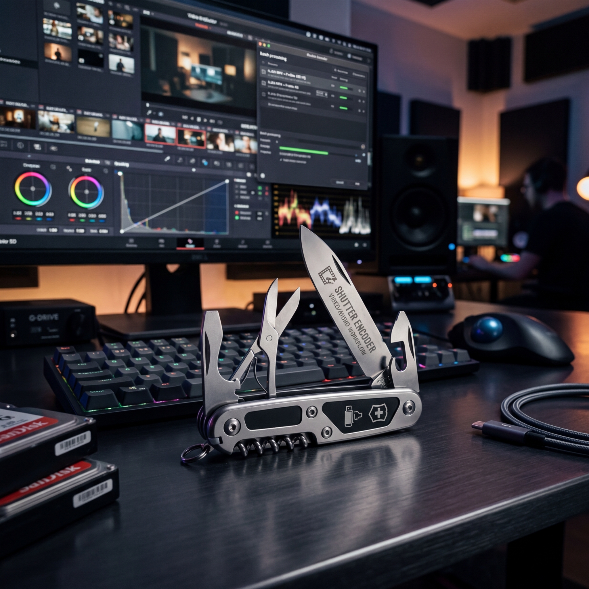 Multitool auf einem Schreibtisch mit Computer und Videobearbeitungssoftware