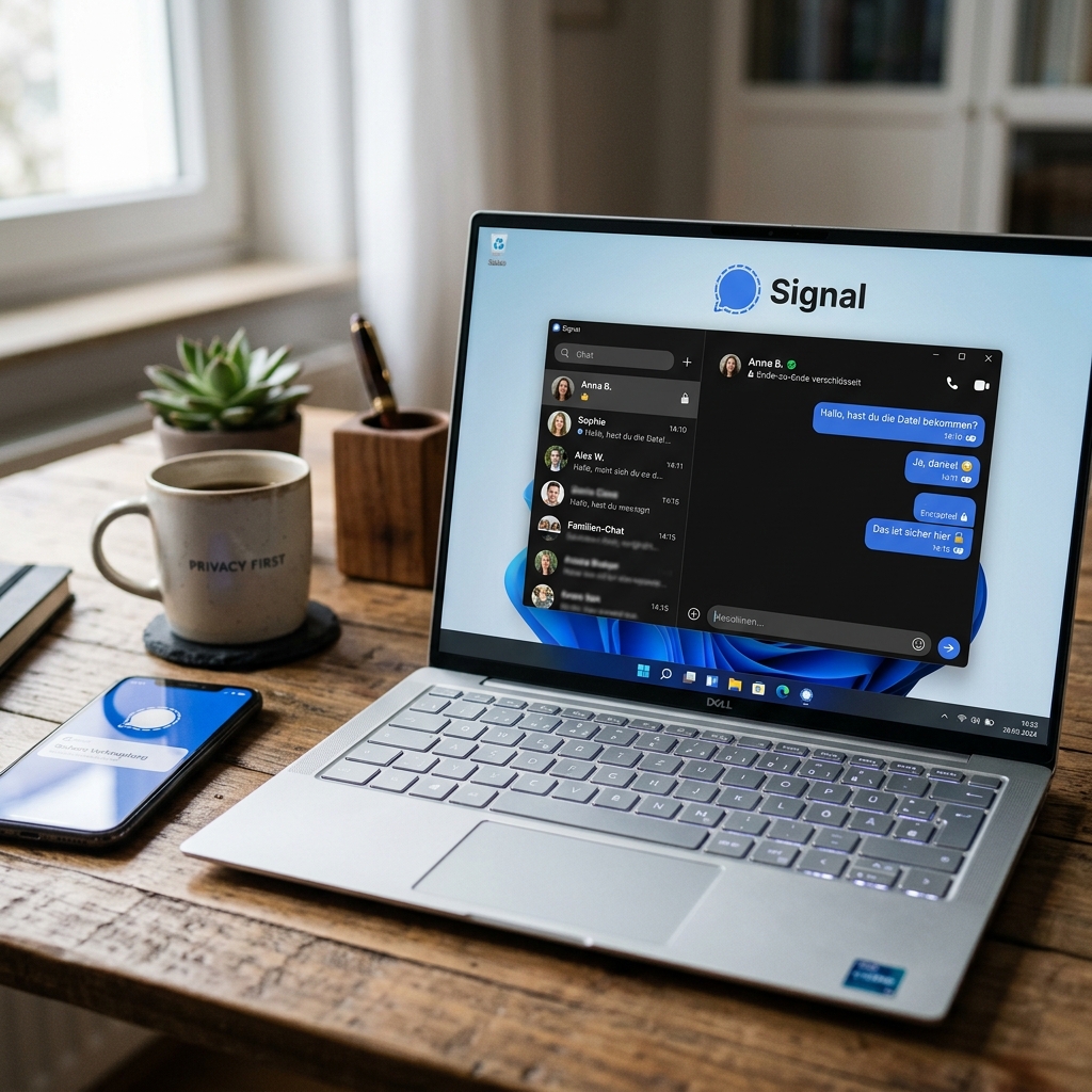 Laptop mit geöffnetem Signal-Chat und Smartphone auf Tisch