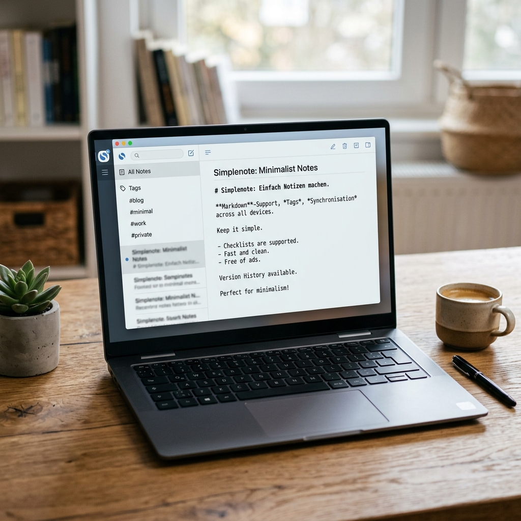 Laptop mit Simplenote App und Notizen auf einem Tisch