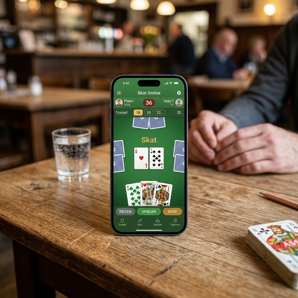 Smartphone zeigt Skat-Spiel auf grüner Oberfläche beim Spielen am Tisch.