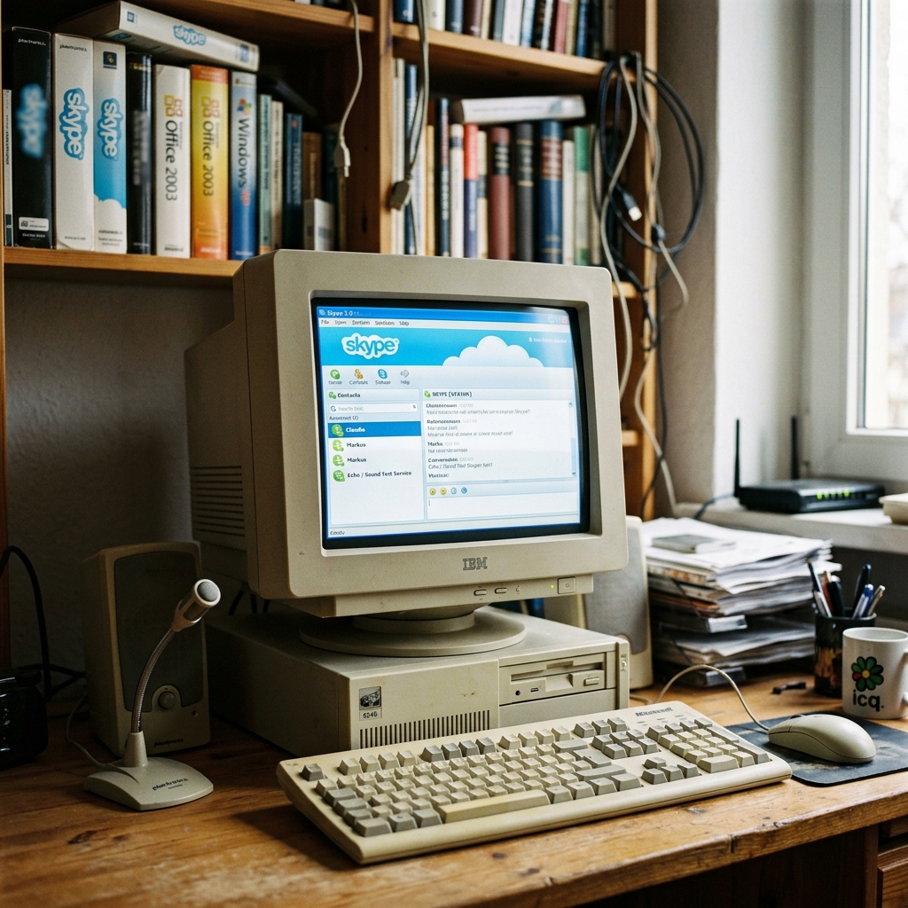 Ein alter Computer mit Skype auf dem Bildschirm und Zubehör.