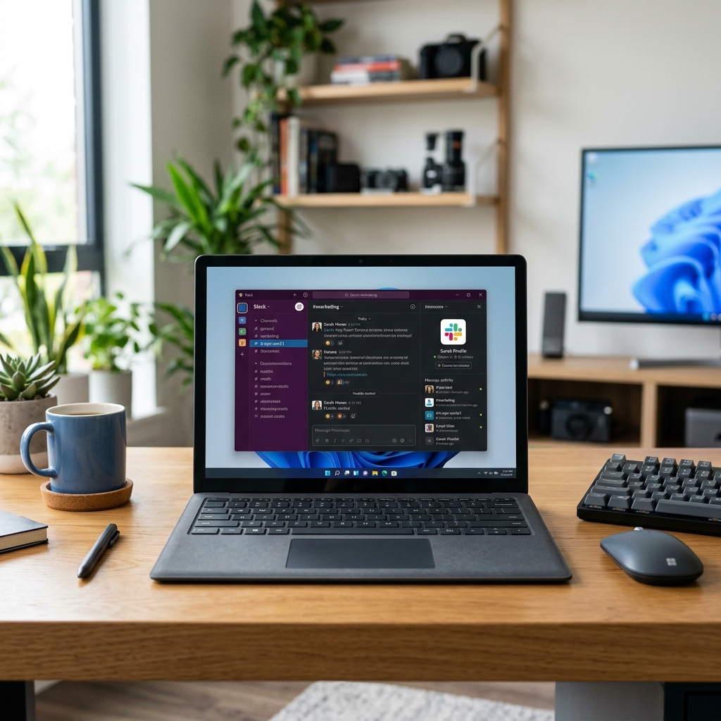 Ein Schreibtisch mit Laptop, Tasse, Pflanzen und Monitor