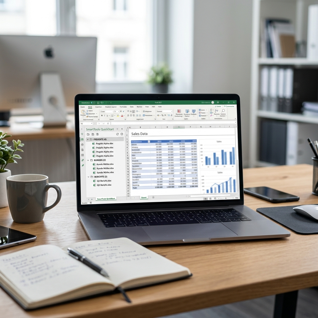 Laptop zeigt Tabellenkalkulation mit Verkaufsdaten und Diagrammen.