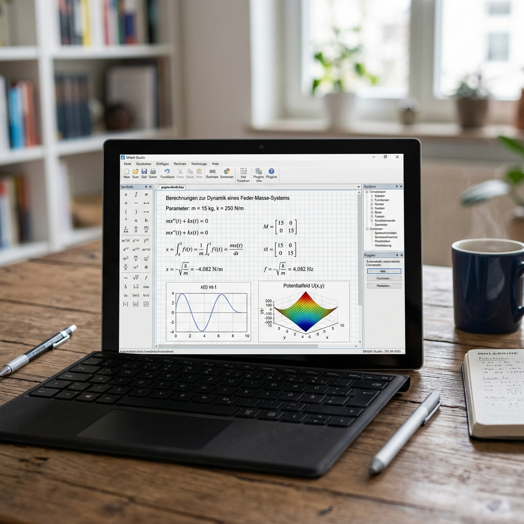Arbeitsplatz mit Laptop und Notizen zur Dynamik eines Feder-Masse-Systems