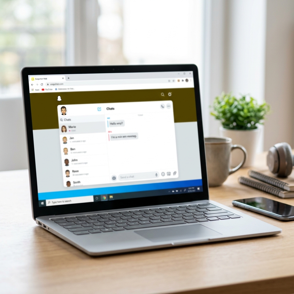 Laptop zeigt eine Chat-Anwendung auf einem Tisch.