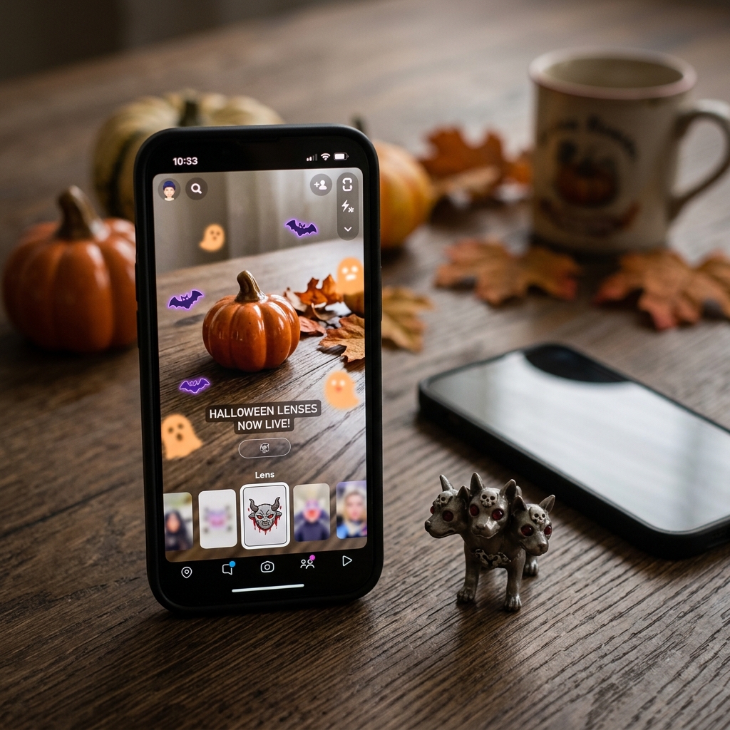 Ein Smartphone zeigt Halloween-Filter mit Kürbissen im Hintergrund.