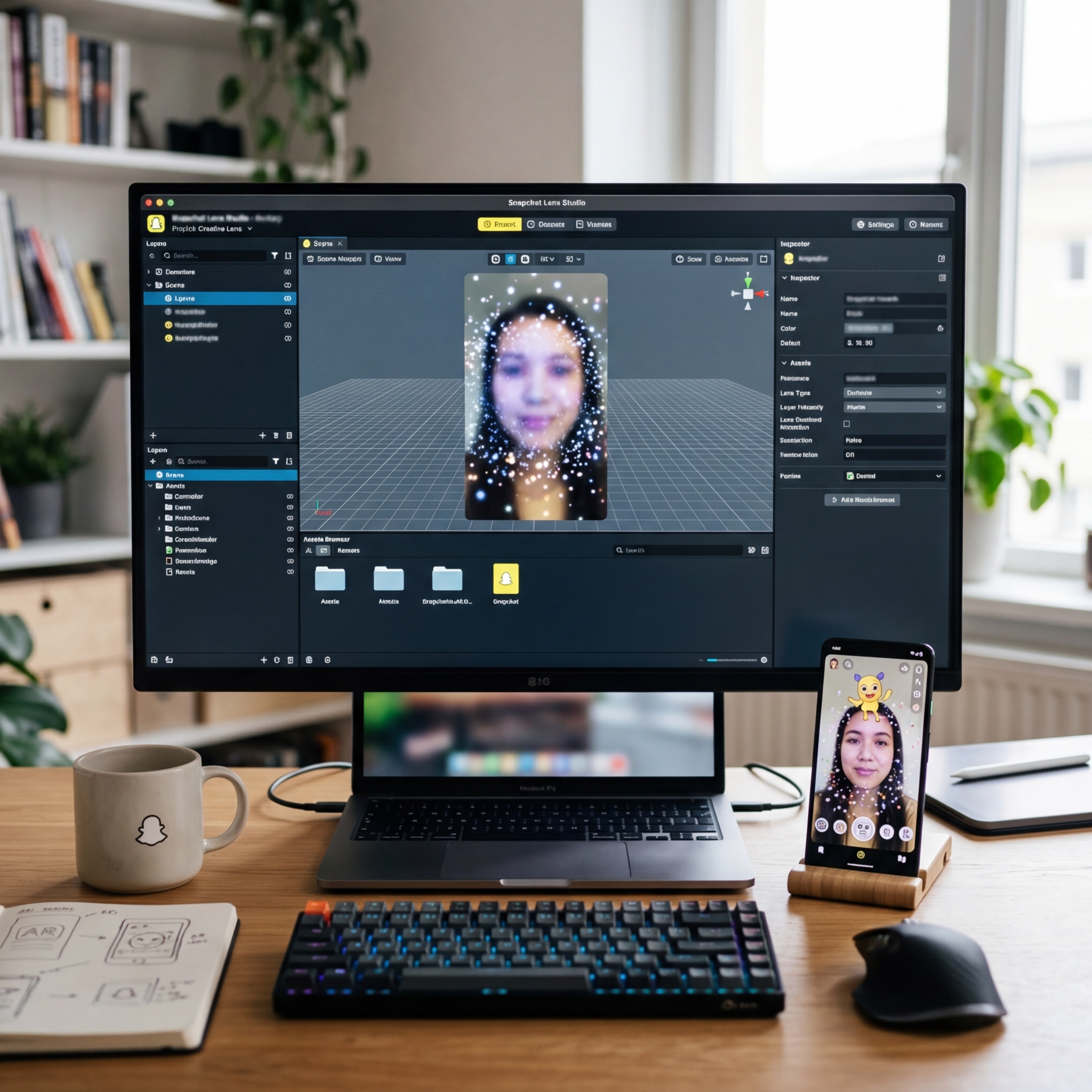 Computer and phone displaying Snapchat Lens Studio interface