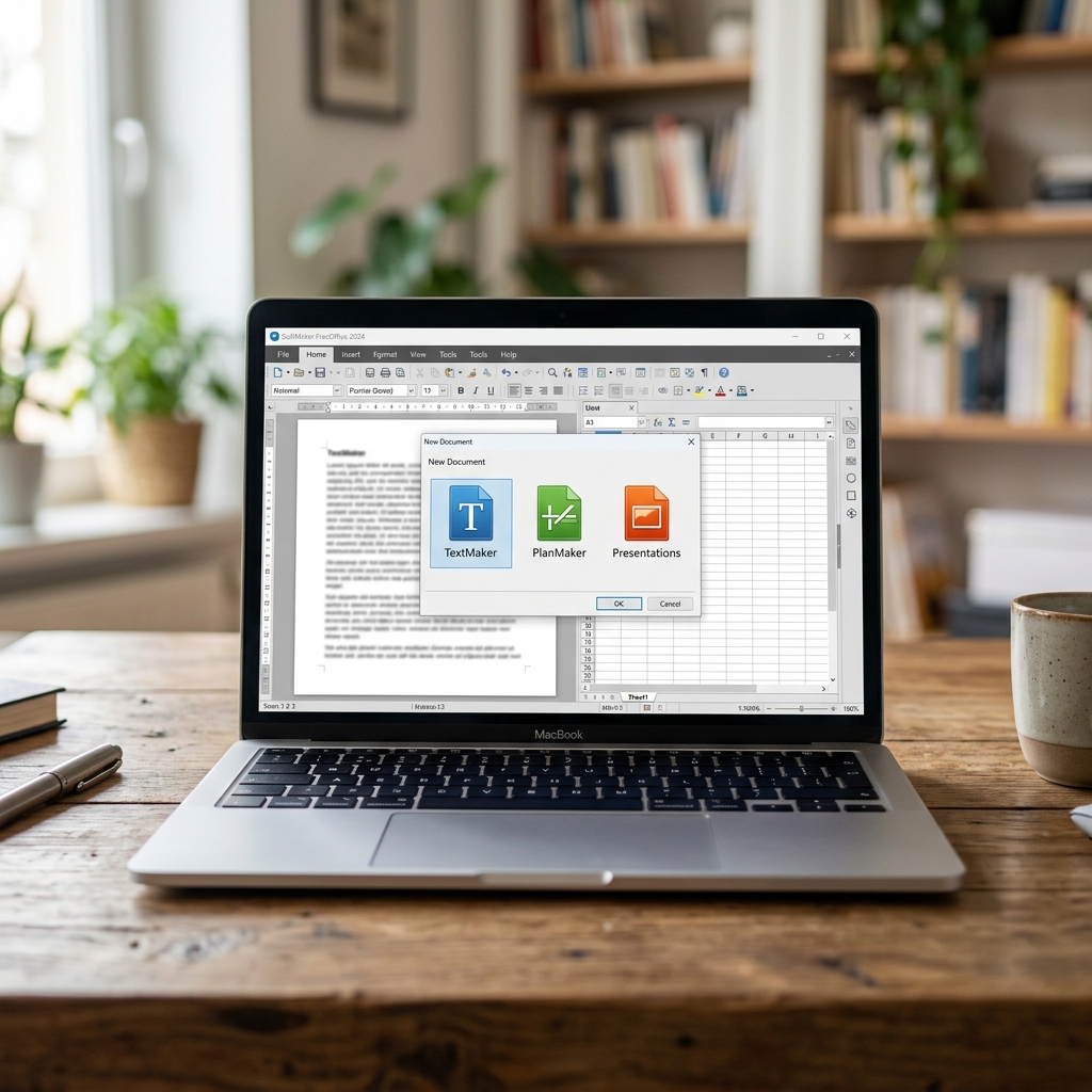 Laptop zeigt Textverarbeitung, Tabellenkalkulation und Präsentationssoftware.