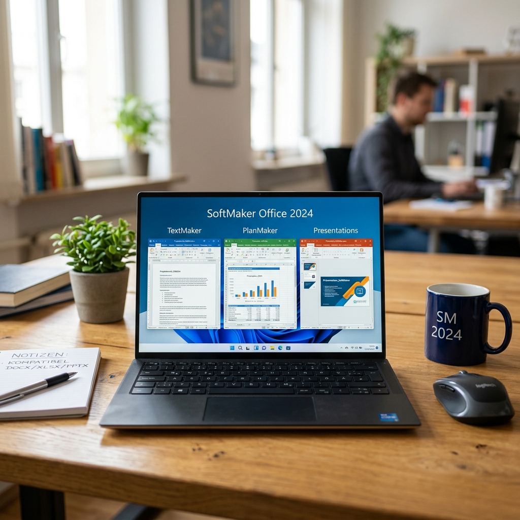 Laptop mit SoftMaker Office 2024 und Arbeitsumgebung