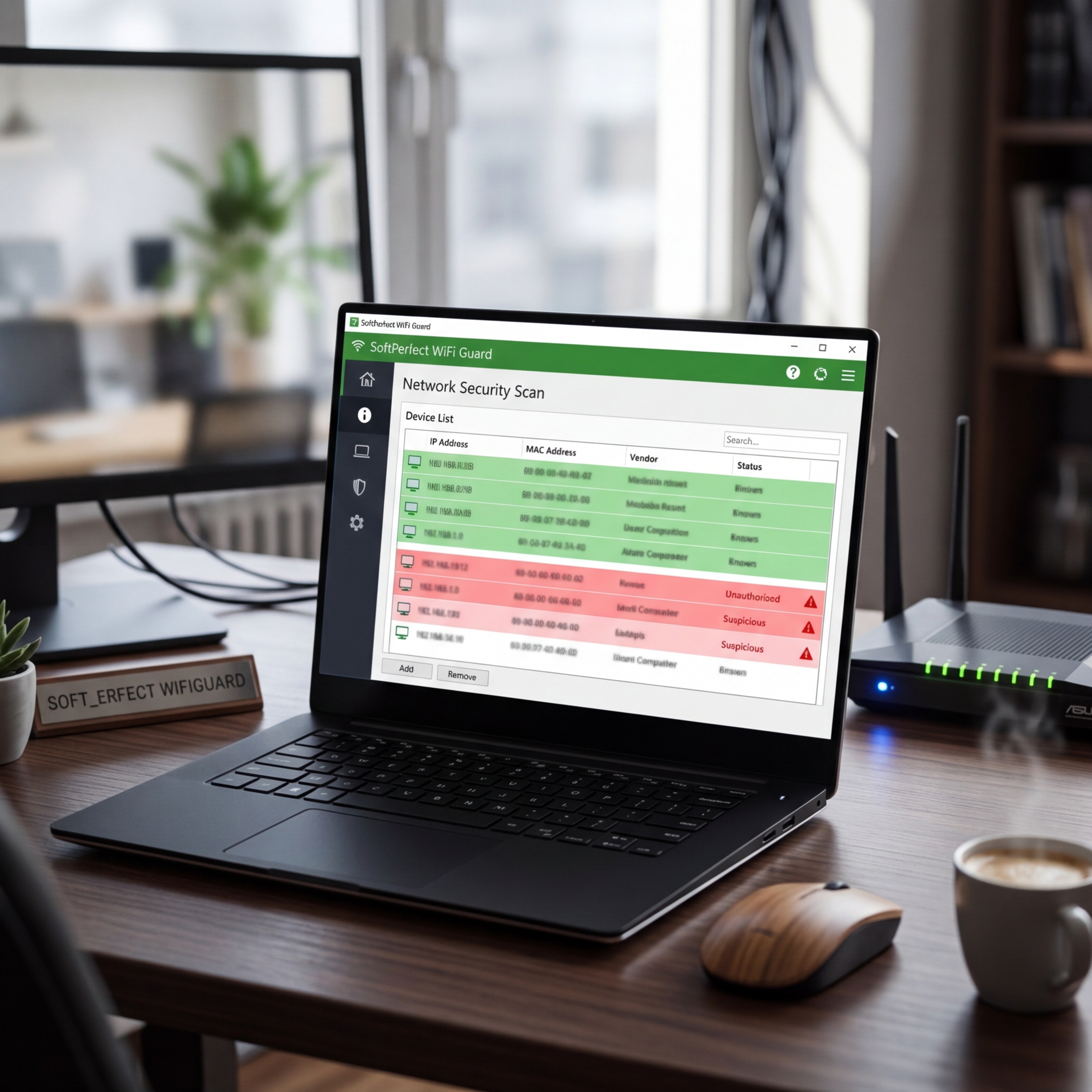 Laptop mit Netzwerk Sicherheitssoftware und Router auf einem Tisch
