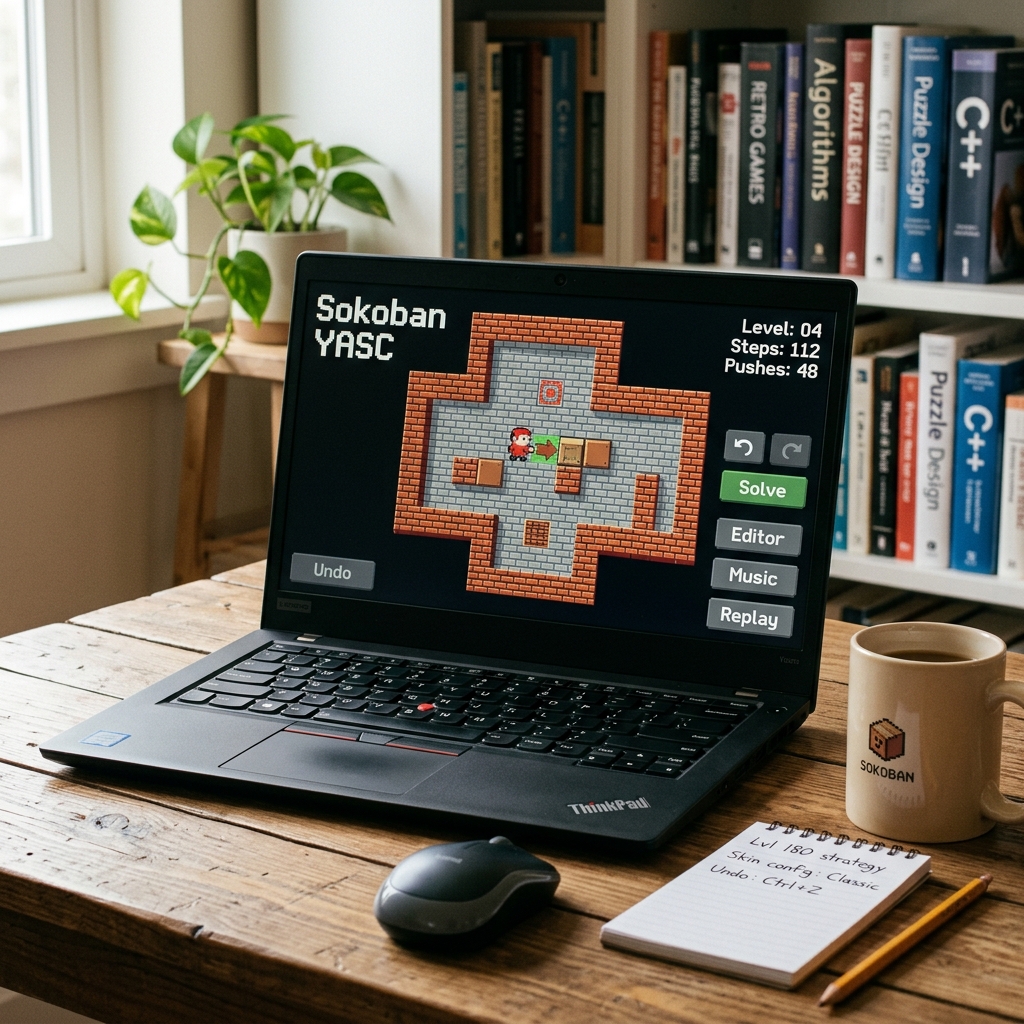 Laptop zeigt das Sokoban Spiel mit einem Level und Steuerungsoptionen.