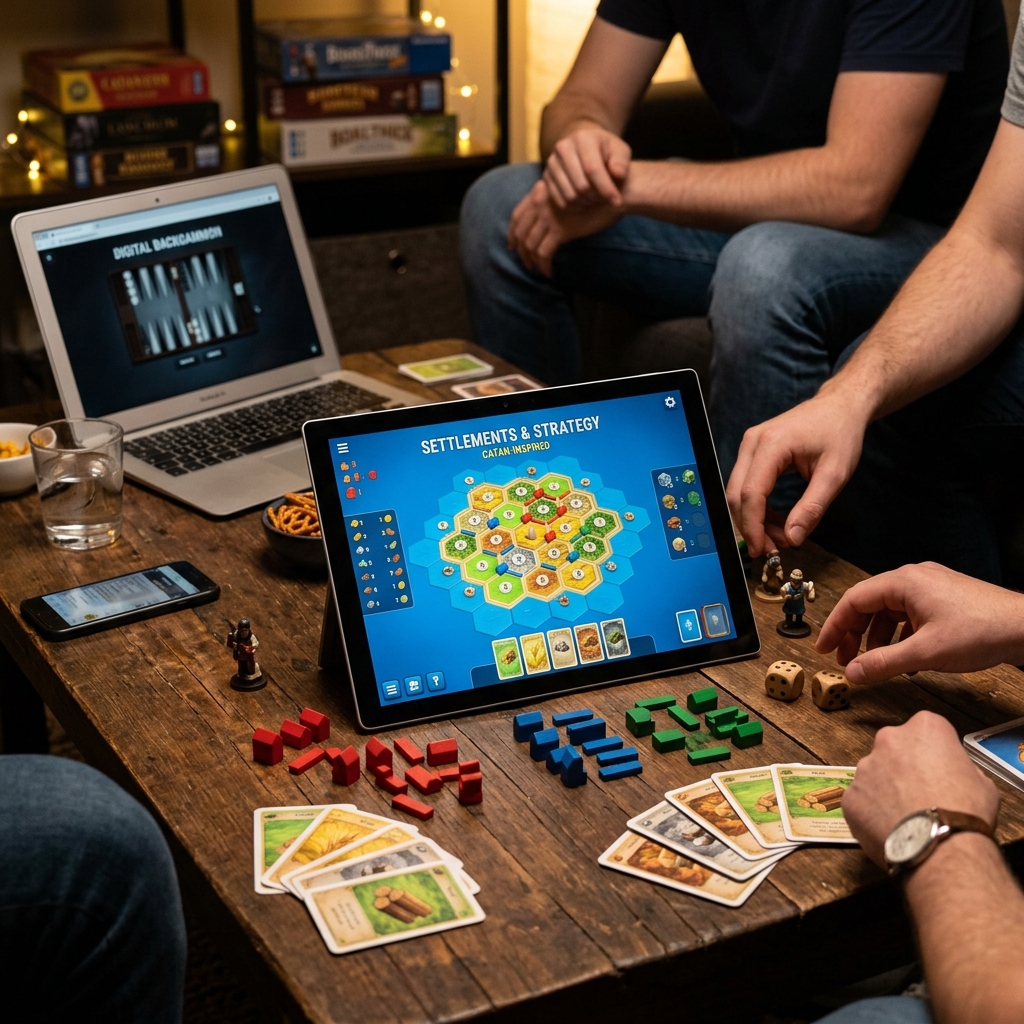 Spieleabend mit digitaler Anzeige eines Strategiespiels und verschiedenen Spielmaterialien