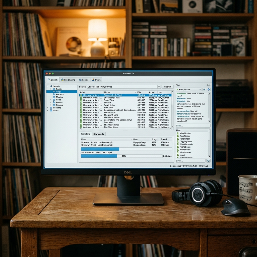 Monitor zeigt Musiksoftware mit Dateien und Benutzeraktivitäten an