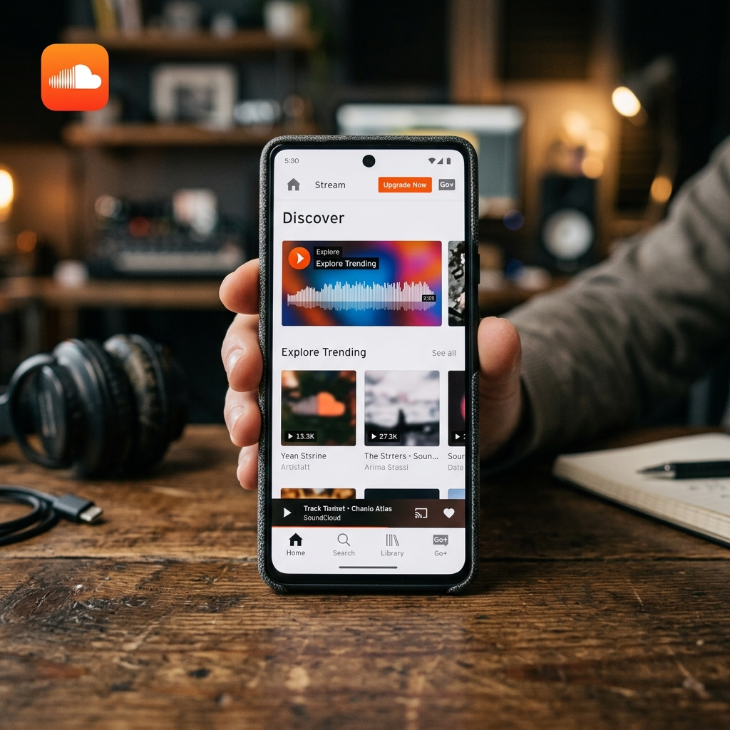 Hand hält Smartphone mit SoundCloud App geöffnet