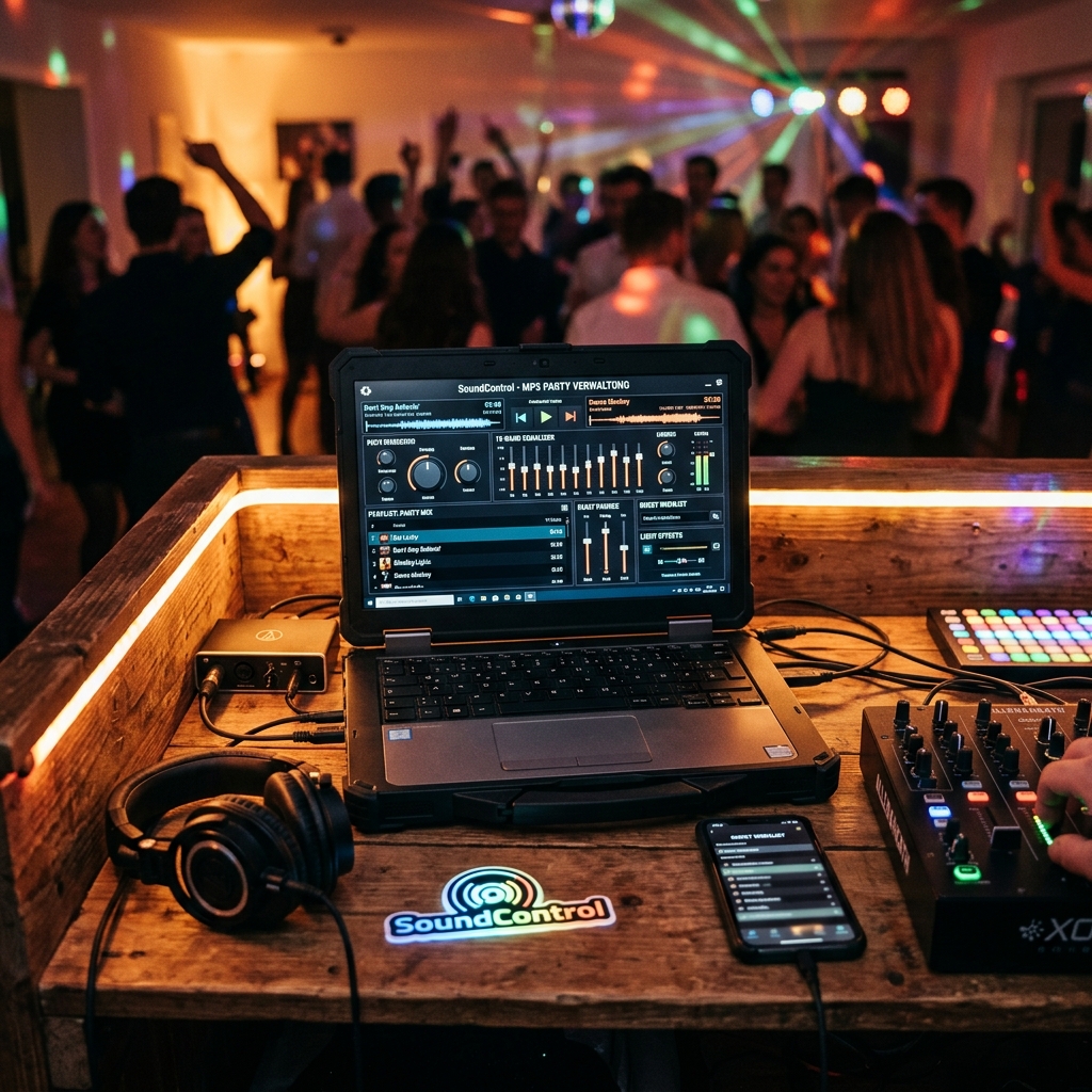 Laptop und Mischpult auf einem DJ-Tisch bei einer Party.