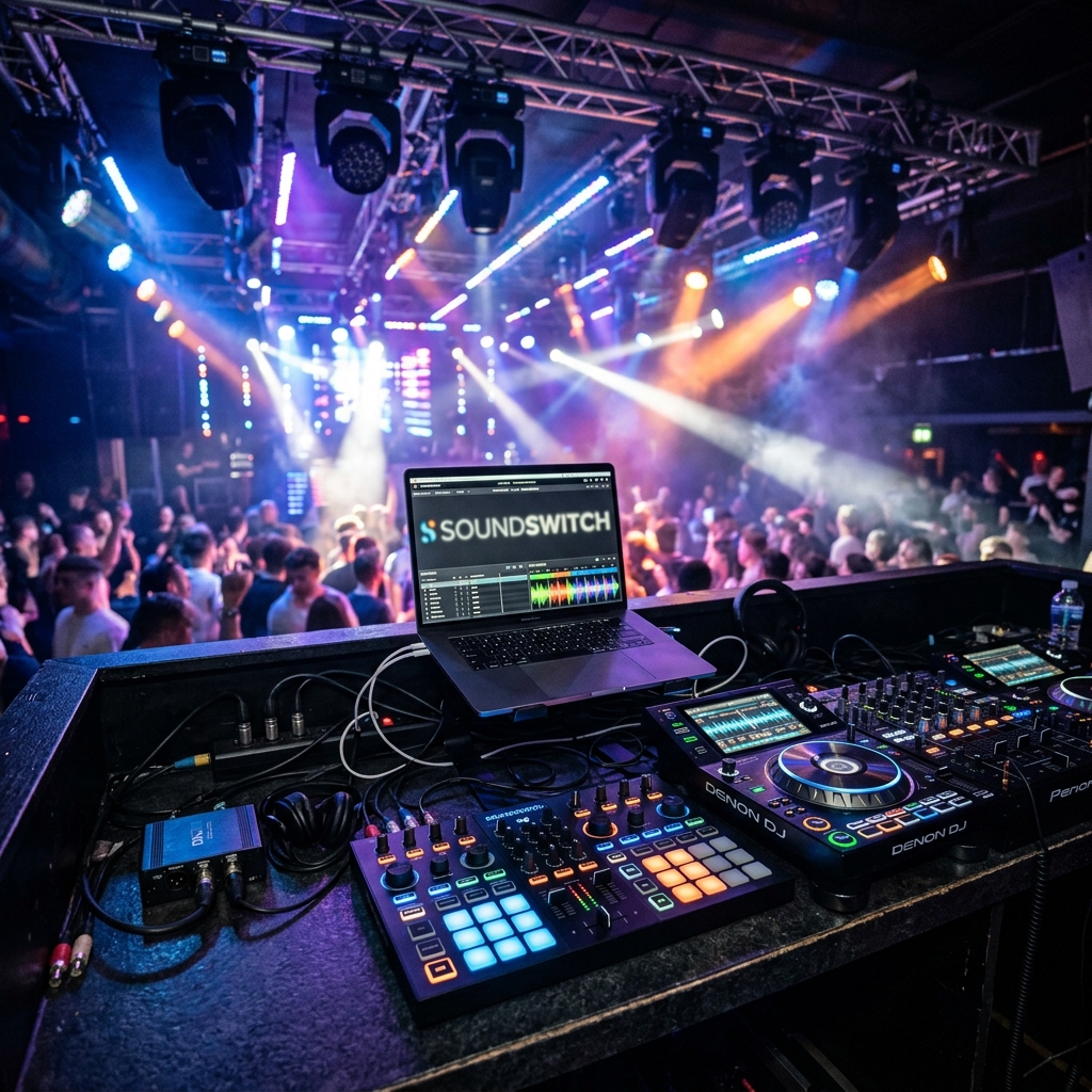 DJ-Ausrüstung mit Soundswitch Software, beleuchteter Club-Hintergrund