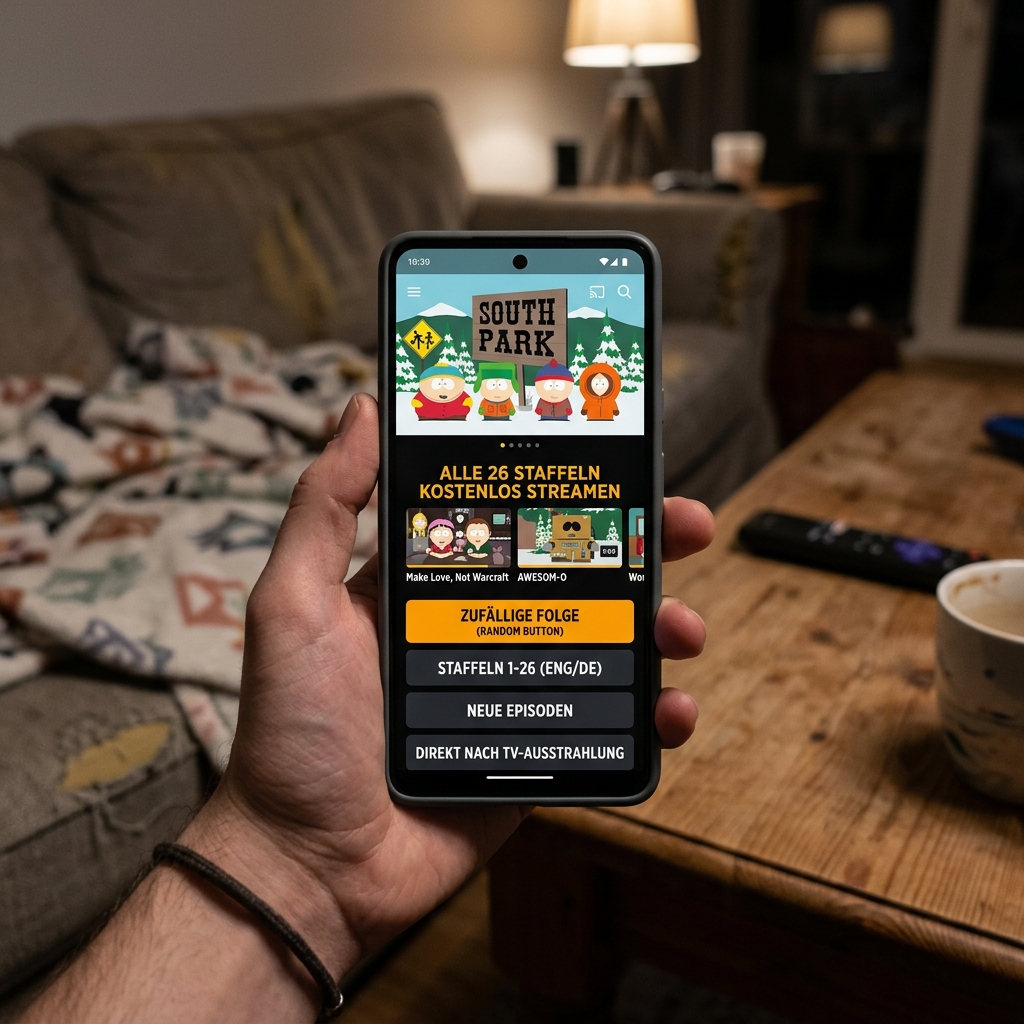 Smartphone zeigt South Park Streaming-Seite mit Auswahlmöglichkeiten.