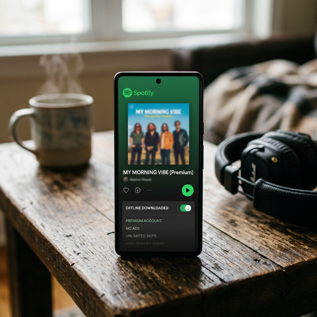Smartphone zeigt Spotify Playlist 'MY MORNING VIBE' auf einem Holztisch neben einer Tasse