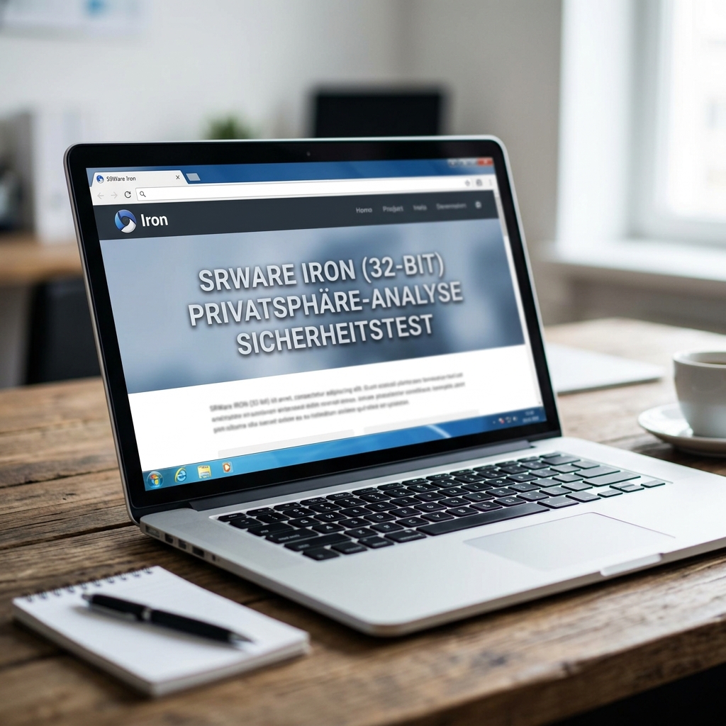 Laptop zeigt die Webseite von SRWARE IRON und eine Tasse Kaffee.