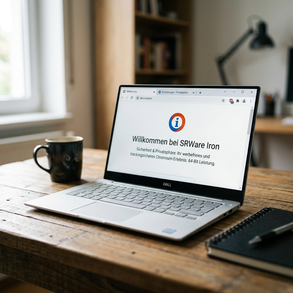 Laptop auf einem Holztisch mit SRWare Iron Webseite.