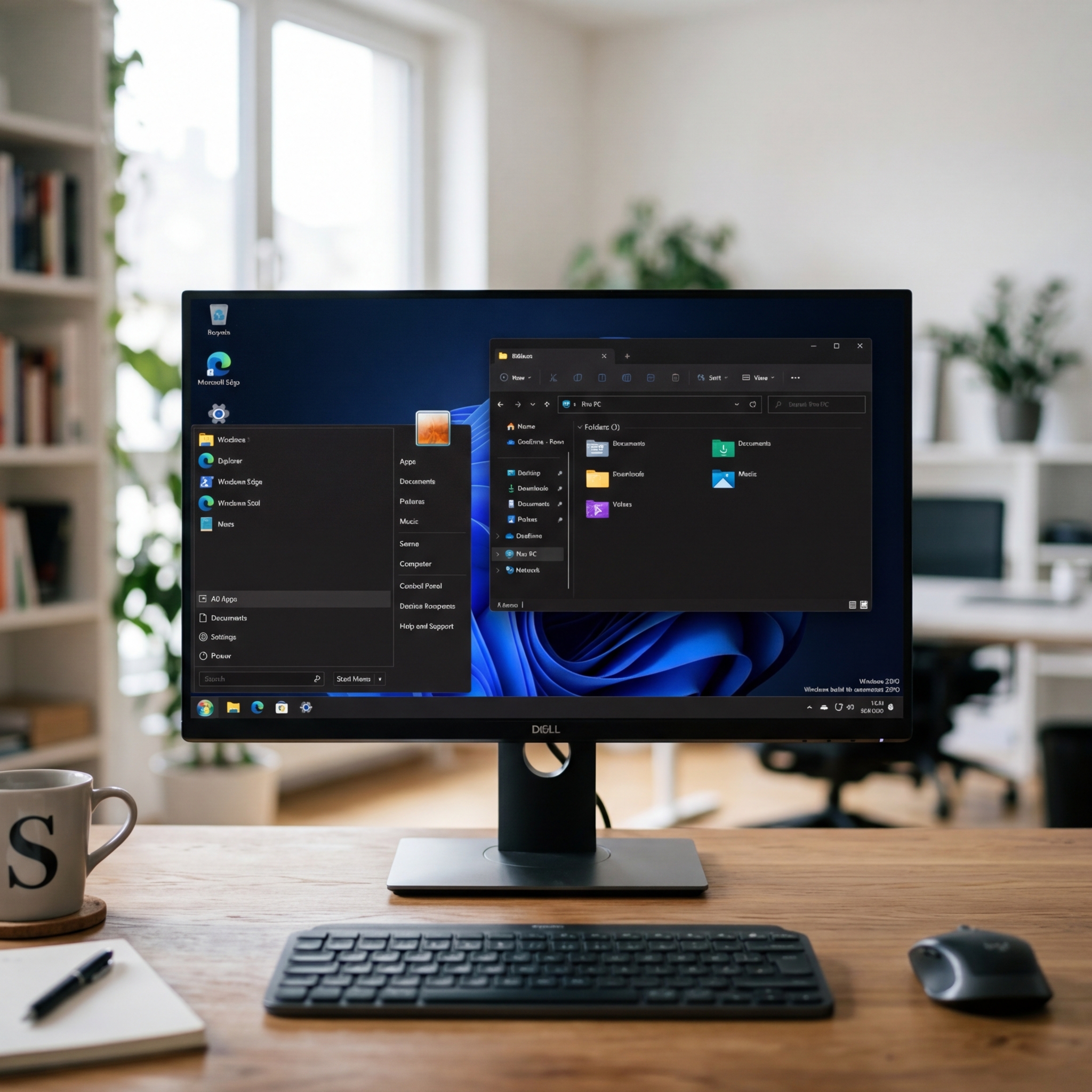 Bildschirm zeigt Windows-Oberfläche mit geöffnetem Dateimanager und Startmenü