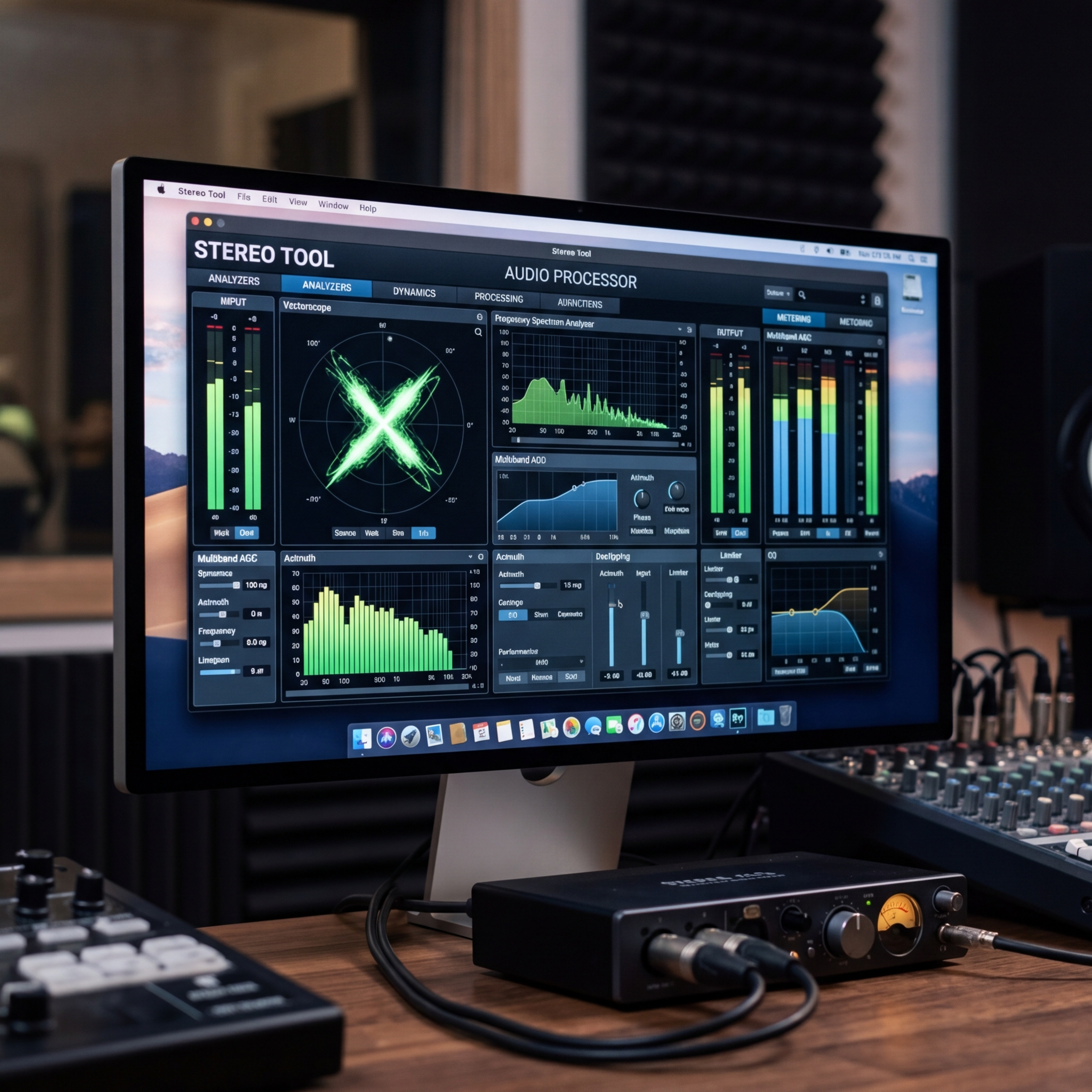 Computerbildschirm mit Audioverarbeitungssoftware und Mischpult