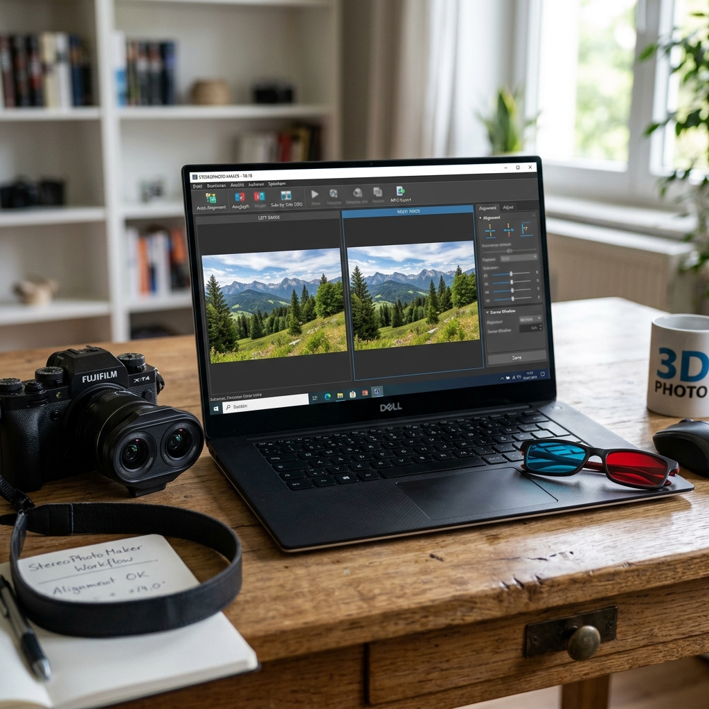 Laptop, Kamera und 3D-Brille auf einem Holzschreibtisch
