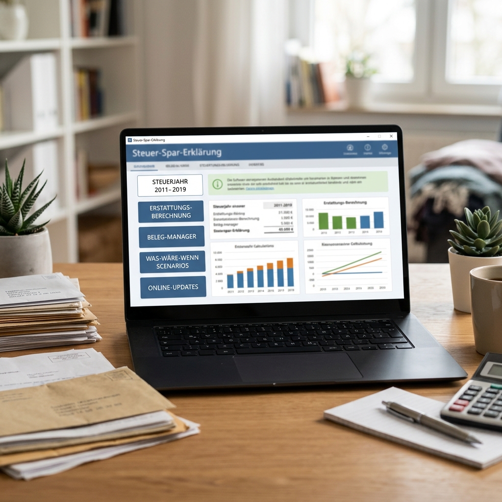 Laptop zeigt Steuer-Spar-Erklärung Softwareoberfläche mit Diagrammen.