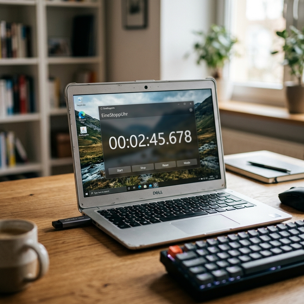 Ein Laptop mit einer Stoppuhr-Anwendung und Getränk auf dem Tisch