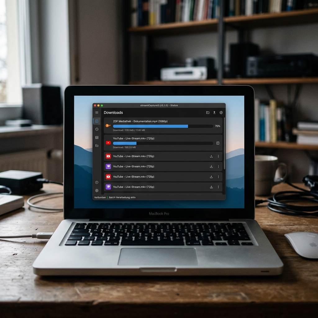 Laptop mit Downloadliste und Arbeitsumgebung