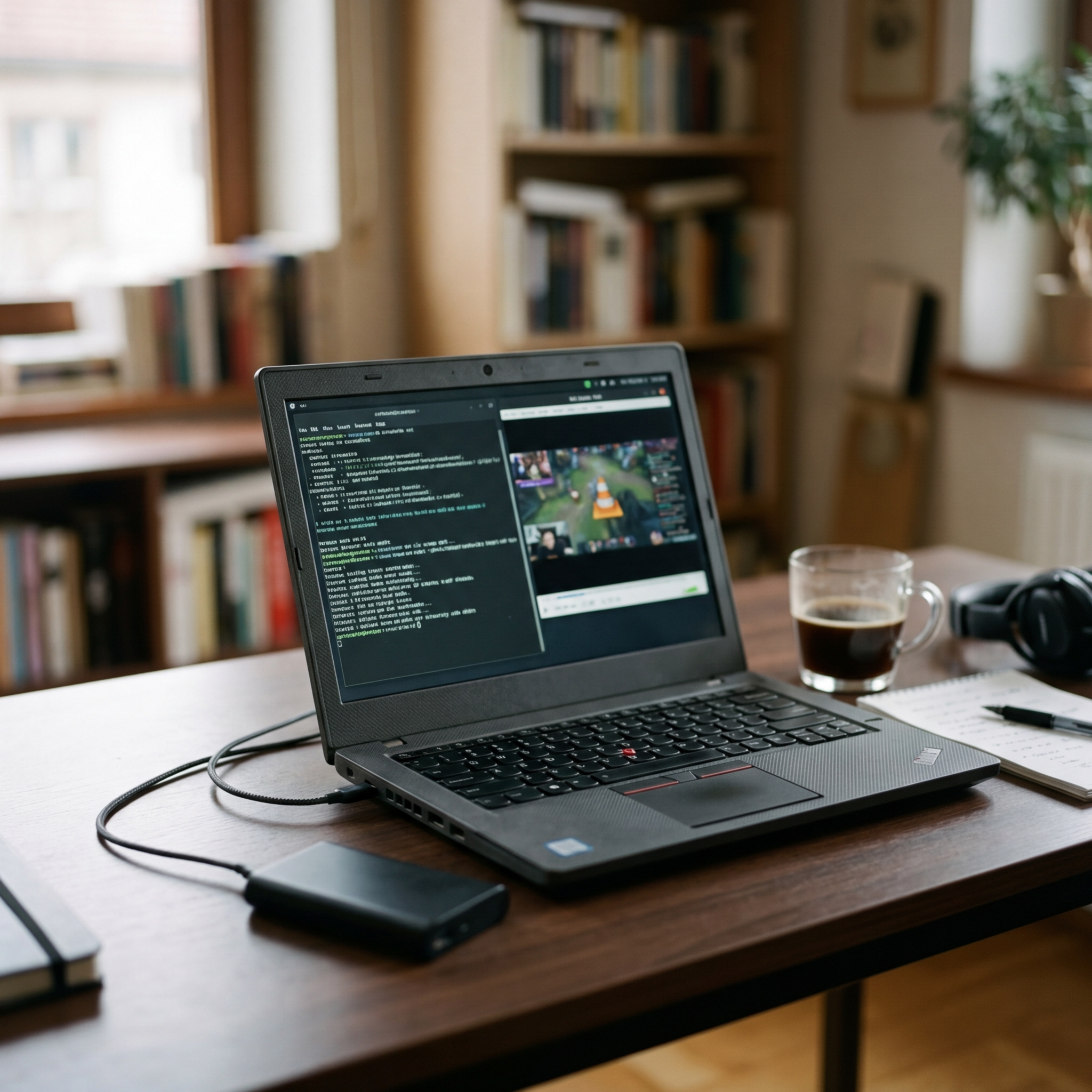 Laptop auf einem Tisch mit geöffnetem Code-Editor und Video-Stream.