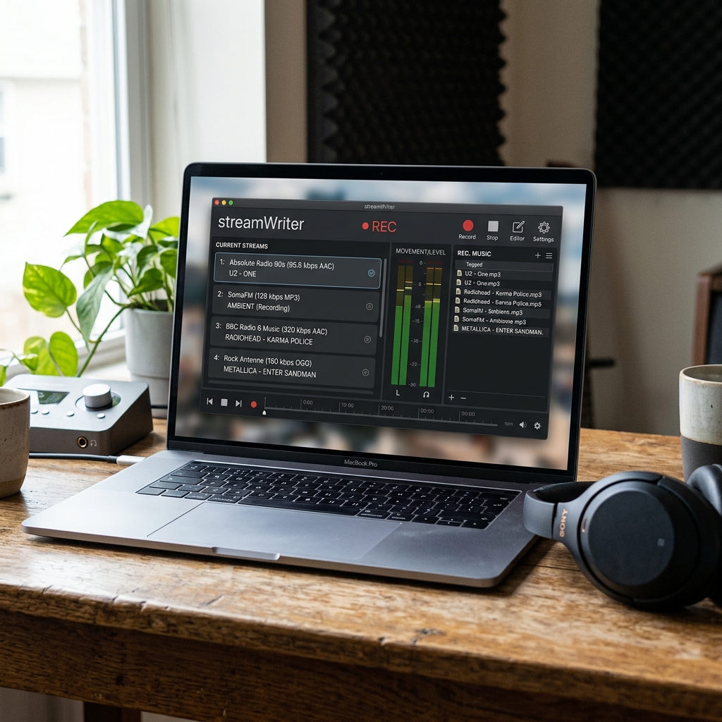 Laptop mit streamWriter, Musikkonten und Aufnahmeoptionen auf dem Bildschirm