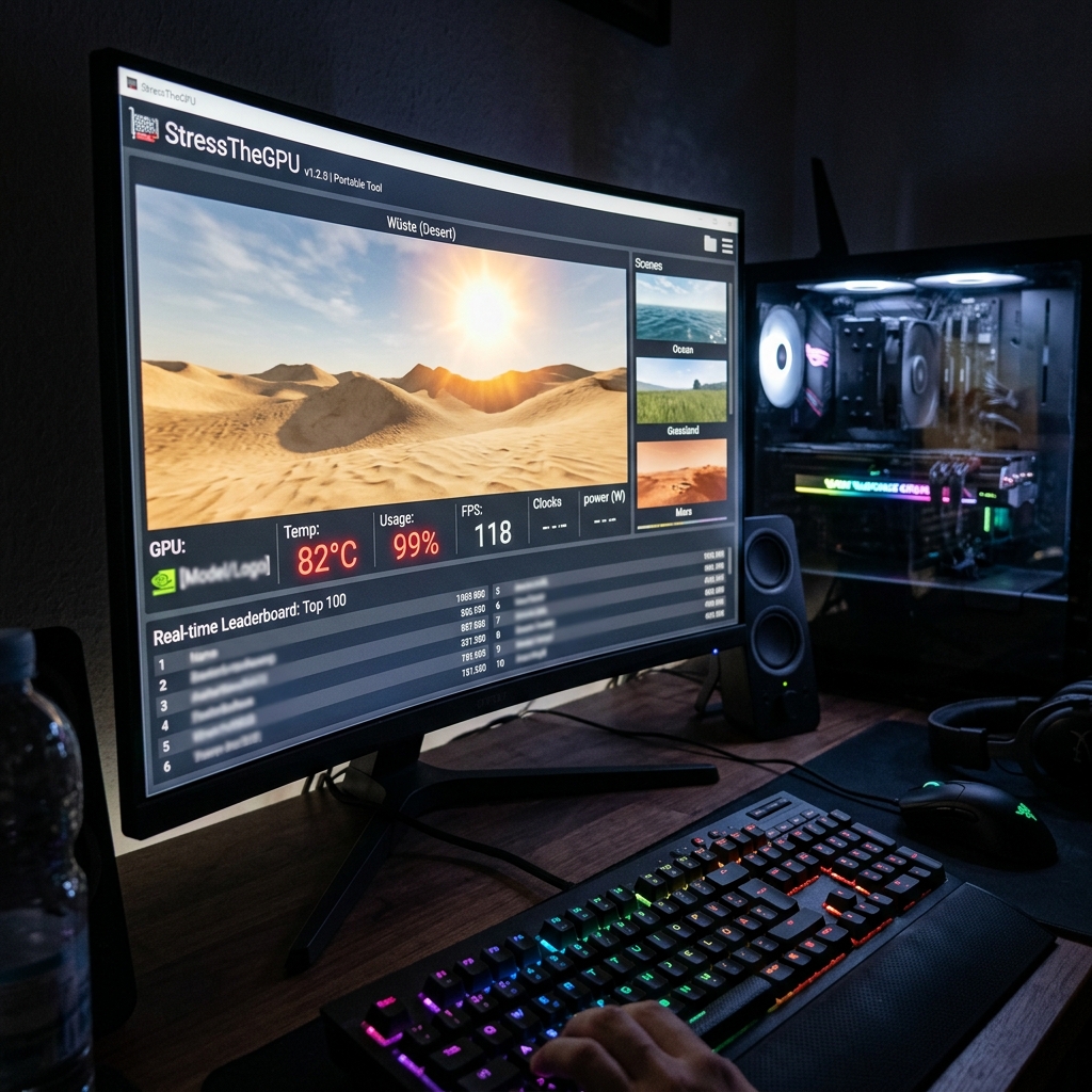 Monitor displaying GPU usage and desert landscape