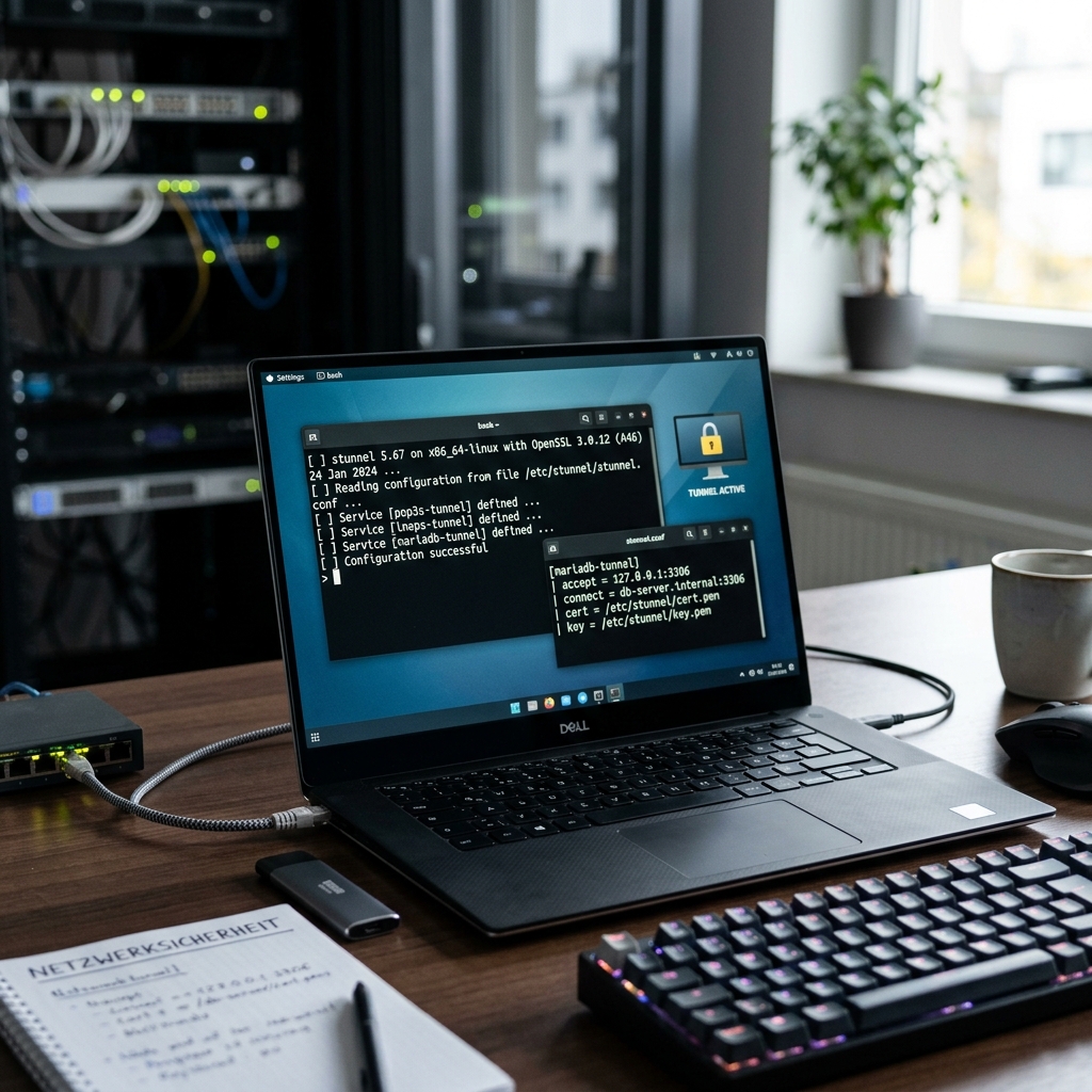 Laptop mit Terminal-Fenstern und Netzwerkgeräten im Hintergrund
