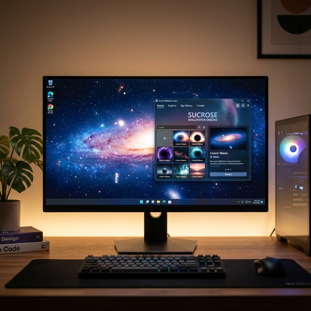 Monitor zeigt Kosmos-Hintergrund und Wallpaper-Engine an