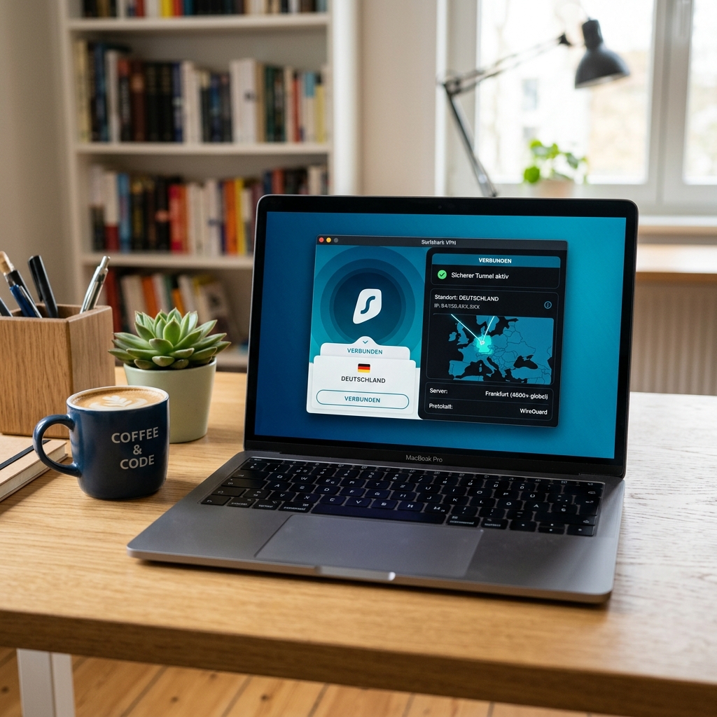 Laptop zeigt VPN-Software mit aktiver Verbindung