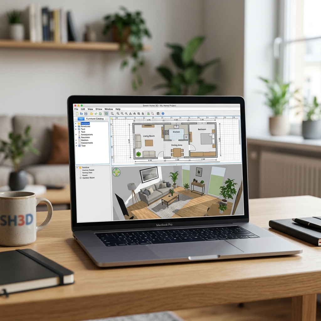 Laptop mit 3D-Hausplanungssoftware und Interior Design