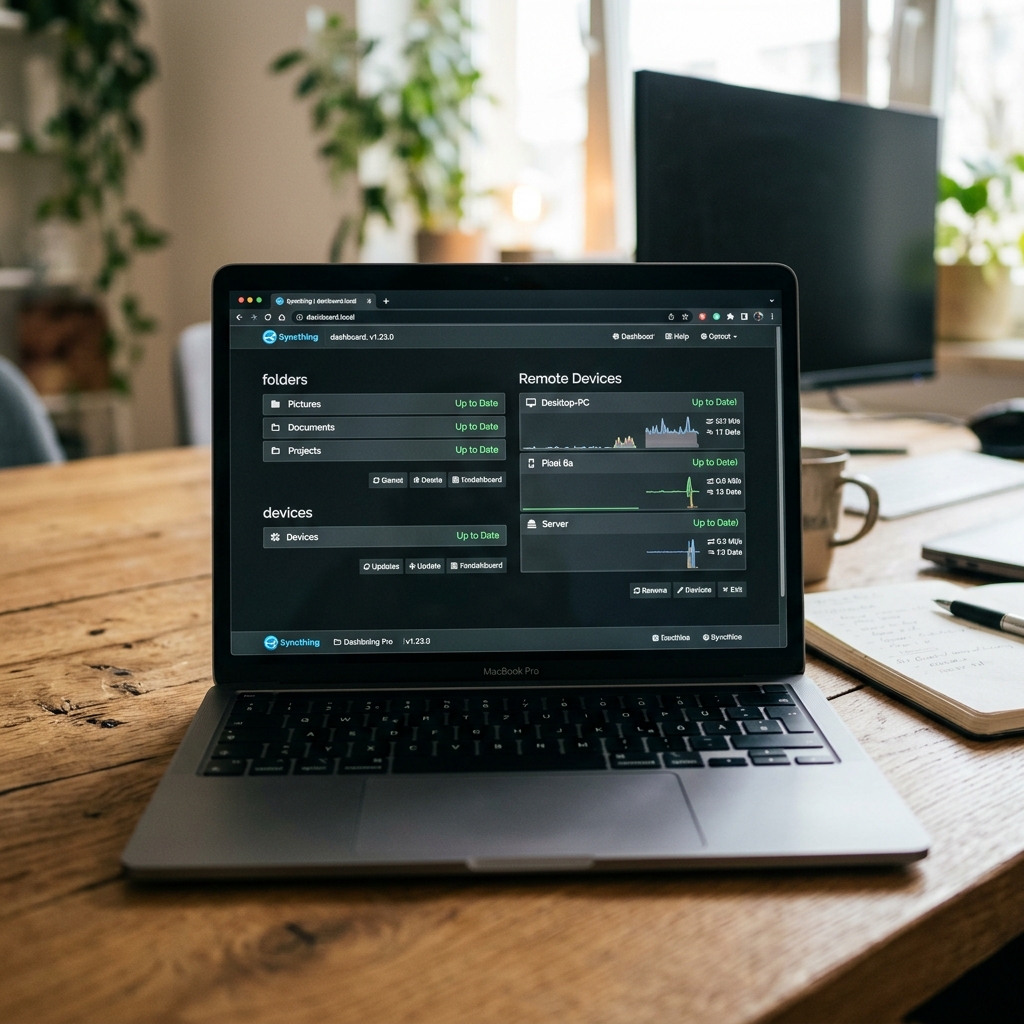 Ein Laptop zeigt ein Dashboard mit Remote-Geräten und Ordnern.