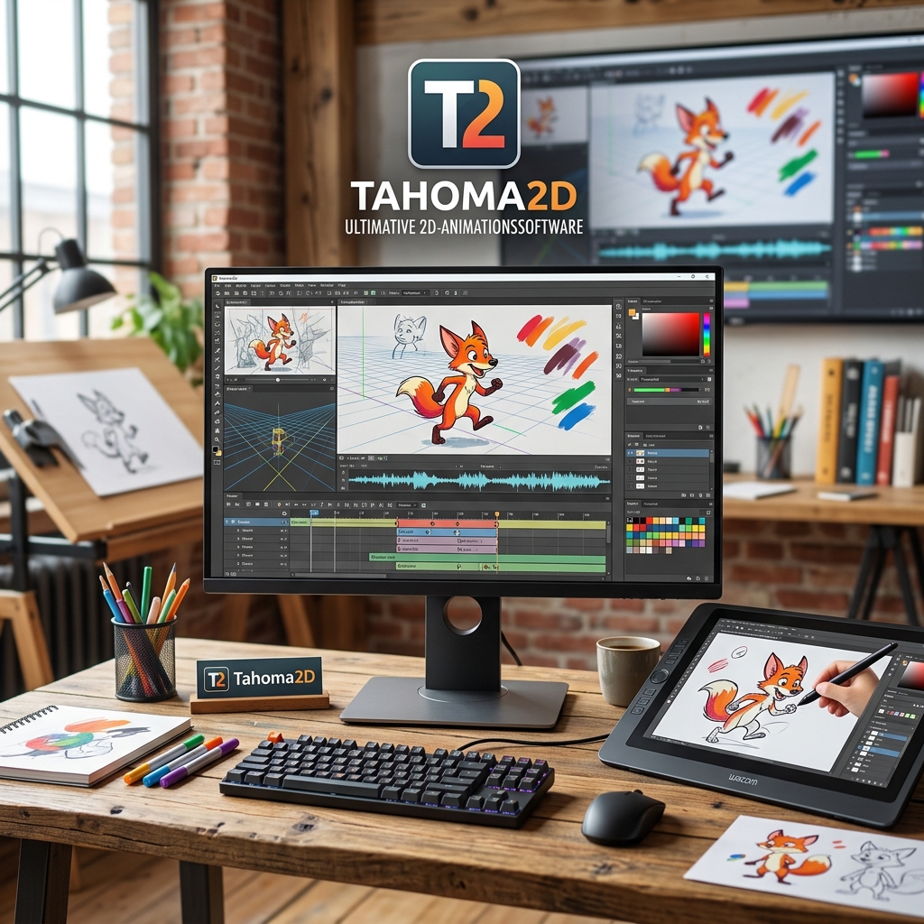 Computersetup mit Tahoma2D Animationssoftware und Zeichentablett