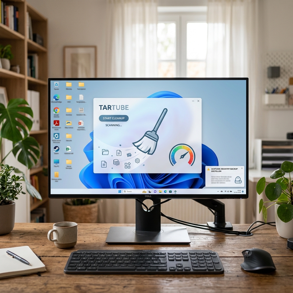 Computerarbeitsplatz mit Monitor und Reinigungssoftware