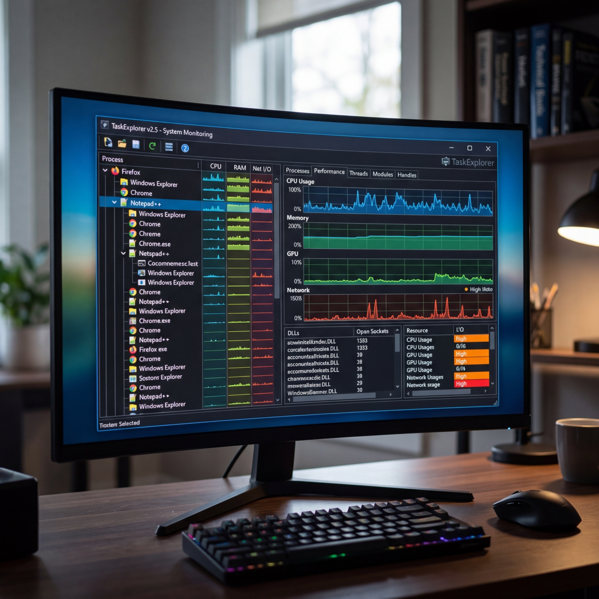 Screenshot eines Systemüberwachungsprogramms mit CPU und RAM Auslastung
