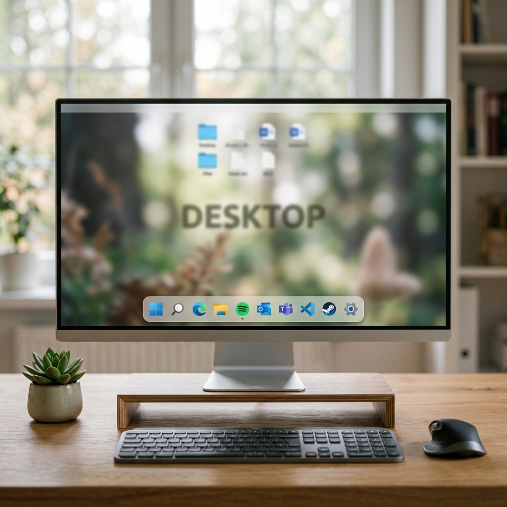 Abgebildeter Bildschirm mit Desktop-Hintergrund und Computerzubehör
