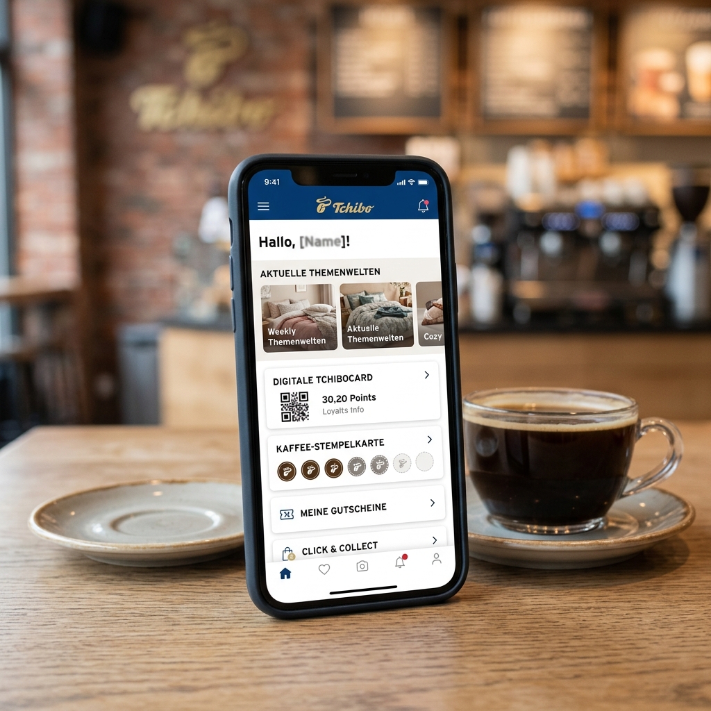 Smartphone mit Tchibo-App und Tasse Kaffee auf einem Tisch