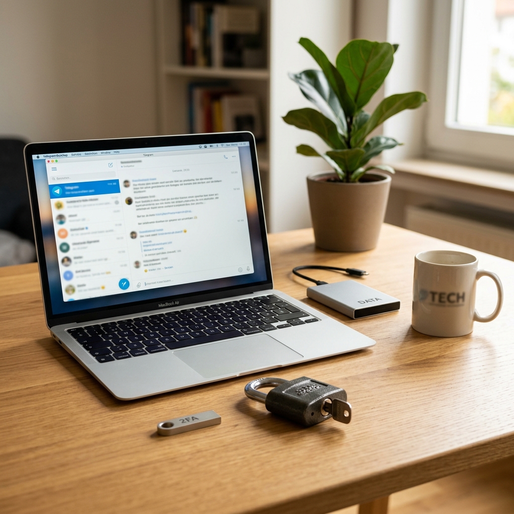 Ein Laptop auf einem Tisch mit Pflanze, Externer Festplatte, Tasse und Schloss.